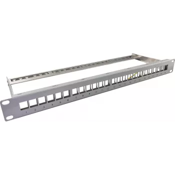 Patch panel Keystone 19 inch 1HE 24 portas com barra de alívio de tração, helos 371981, cinzento