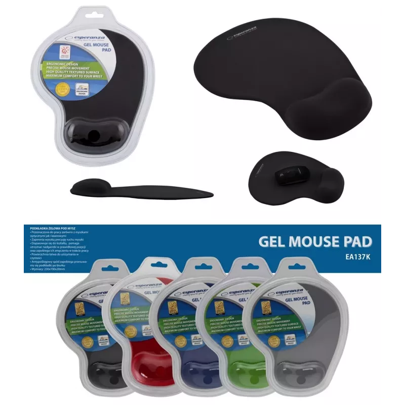 Tapete de rato ESPERANZA EA137K, preto, com apoio de gel para o pulso, base antiderrapante, utilização universal