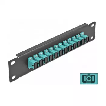 Patch panel de fibra ótica DeLOCK 10 polegadas 12 portas SC simplex aqua 1U preto