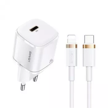 Carregador de parede USAMS T36 Mini USB-C, 20 W, PD 3.0, com cabo USB-C para Lightning de 1 m