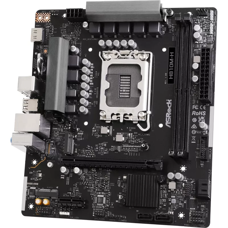Placa-mãe ASROCK H810M‑X micro ATX Intel H810 LGA 1851 DDR5 2× DIMM 128GB M.2 2.5GbE HDMI DisplayPort