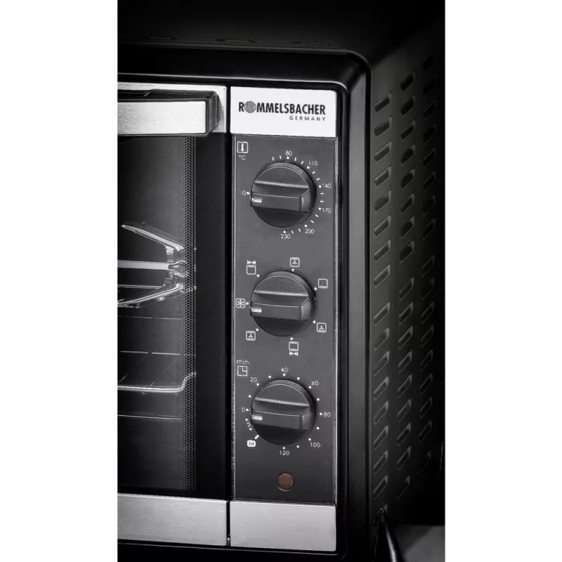 Fogão elétrico Rommelsbacher BG 1550 preto, 30 L, 80–230 °C, 7 modos, espeto rotativo, temporizador de 120 minutos
