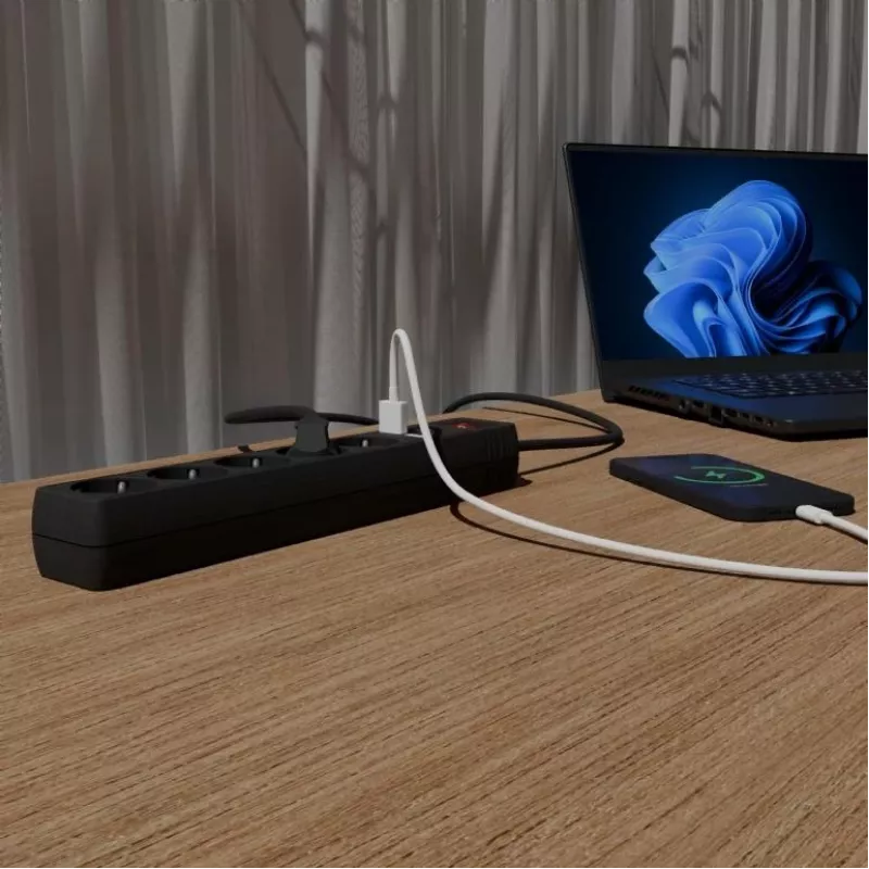 Régua de tomadas com carregador USB Gembird SPG5-U2-5-02, 5 tomadas, 1,5 m, 2x USB, preto