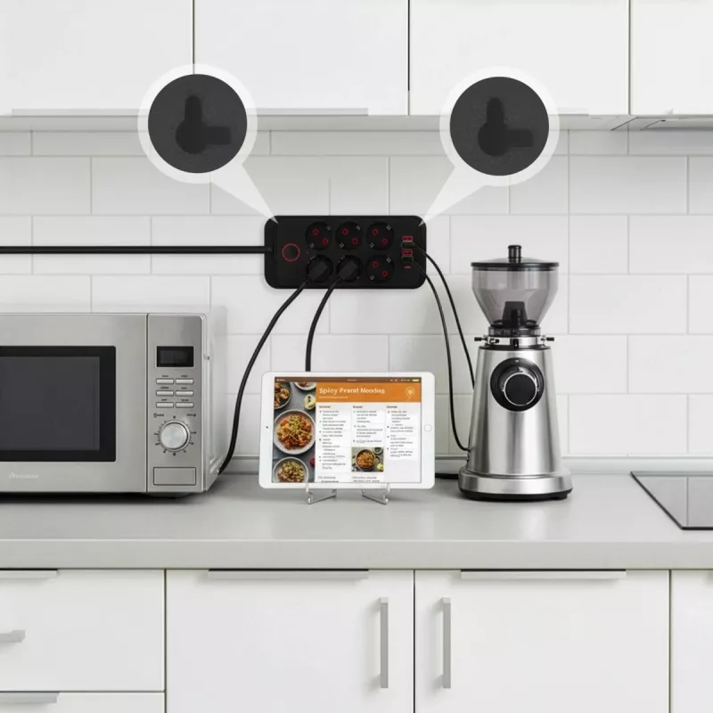 Extensão elétrica MACLEAN MCE389 B — 6 tomadas, 4×USB-A + 1×USB-C, 110–240V, 2,1A, 2500W, cabo de 1,5 m, preto
