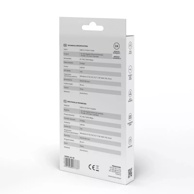 Hub USB-A SAVIO com RJ-45 Gigabit Ethernet AK-57 — 3× USB-A + RJ-45, USB 3.2 Gen 1 Micro‑B host, 5 Gbit/s, 4 portas, cinzento