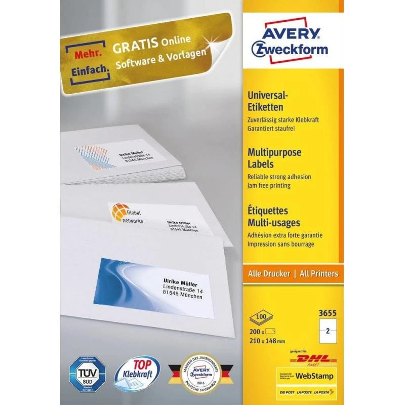 Avery 3655 etiquetas autoadesivas retangulares permanente branco 200 peças
