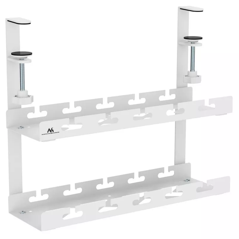 Organizador de cabos para secretária MACLEAN MC-104 W, bandeja de aço de 2 níveis, branco, carga máx. 5 kg, para espessuras de secretária 0,5–5 cm