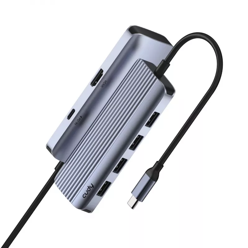 Hub USB-C Cudy UH500 — host USB 3.2 Gen 1 Type-C, 6 portas com USB 3.2 Gen 1 Type-A e HDMI, 5000 Mbit/s, cinzento/prateado