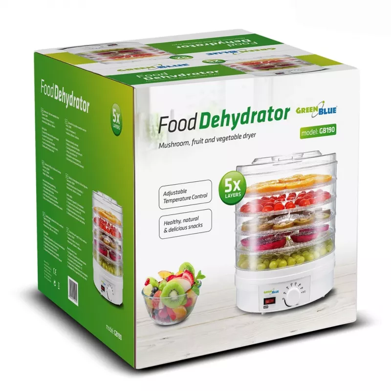 GreenBlue GB190 desidratador de alimentos para cogumelos, legumes e frutas, 5 tabuleiros, 250 W, temperatura ajustável 35–70 °C, branco