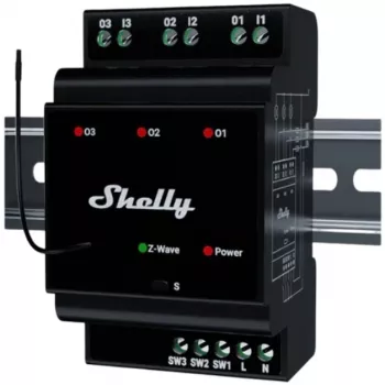 Relé inteligente Shelly Wave PRO 3 — preto, caixa de plástico, 110–240 V AC, 50–60 Hz, 0,3 W, 53×59×96 mm