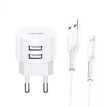 Carregador usams T20 2x USB 2.1A com cabo Lightning – carregador de parede USB portátil