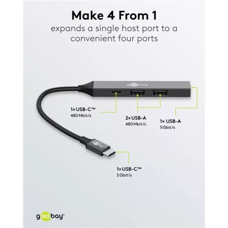 Hub USB Goobay Slim 4 portas, USB-C™ para USB-C™/USB-A, USB 3.2 (74459)