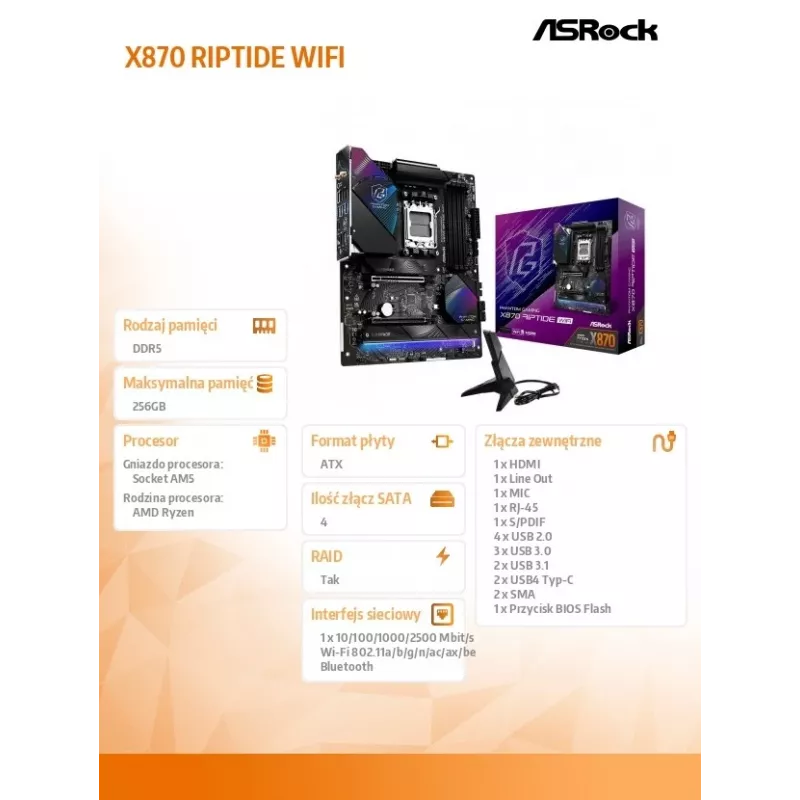Motherboard ASRock X870 Riptide WiFi — ATX, AMD X870, Socket AM5, DDR5, 4 DIMM, 256 GB, Wi-Fi 7, 2,5GbE