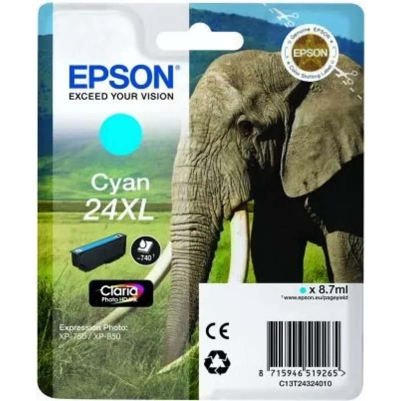 Epson Elephant embalagem individual ciano 24XL Claria Photo HD tinta, ciano, 1 unid.