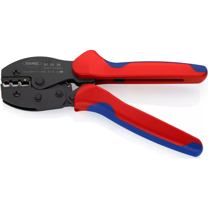 Alicate de cravar Knipex PreciForce modelo 975236 SB — punhos isolados em preto, azul e vermelho
