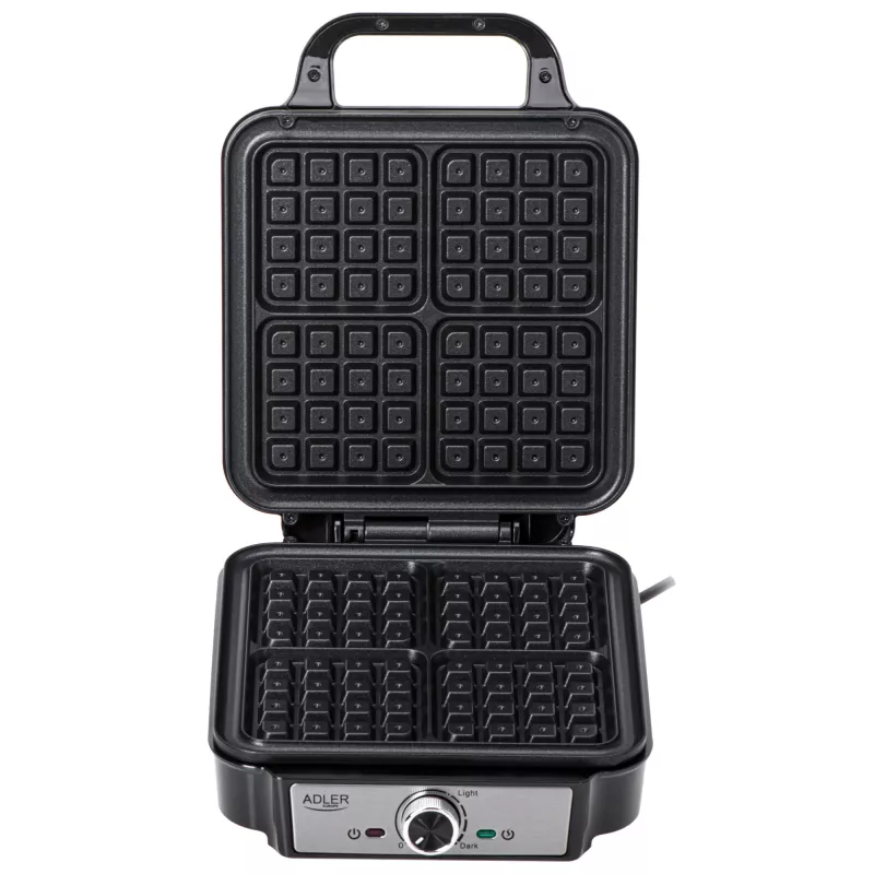 Máquina de waffles Adler AD 3083 – 4 waffles quadrados 10×10 cm, 1200 W, temperatura ajustável, revestimento antiaderente, pegas frias