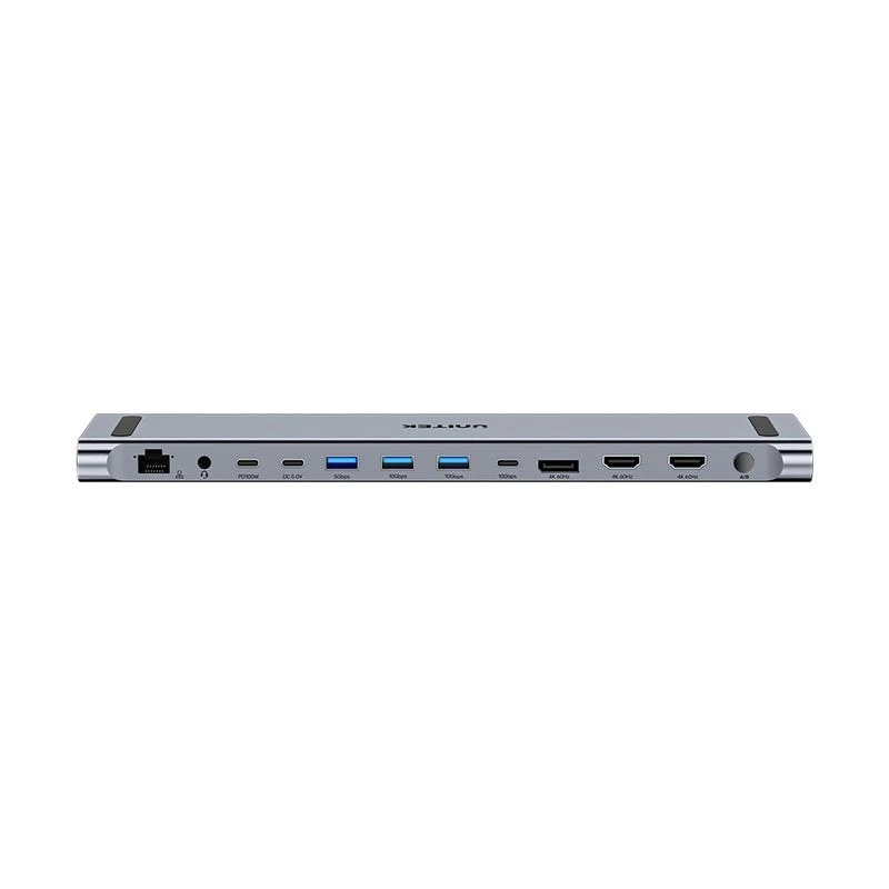 KVM-Switch Unitek D1106AGY01 estação de acoplamento USB-C Triple 4K com KVM, 3x USB-A, 5x USB-C, HDMI×2, DP×1, RJ-45, leitor SD, 3840×2160@60Hz, alumínio