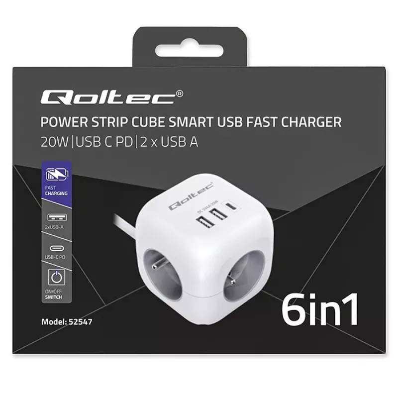 Power Cube QOLTEC 52547 Régua de tomadas 3×tomadas AC, 2×USB-A, 1×USB-C PD 20W