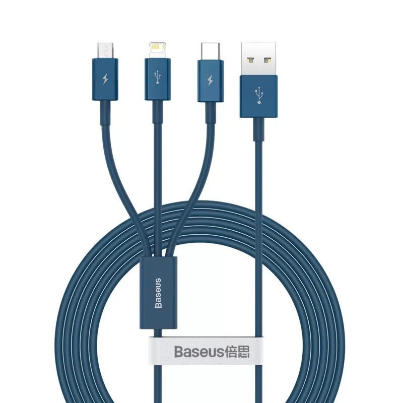 Cabo USB 3em1 Baseus Superior Series, USB para Micro-USB / USB-C / Lightning, 3,5 A, 1,5 m (azul)
