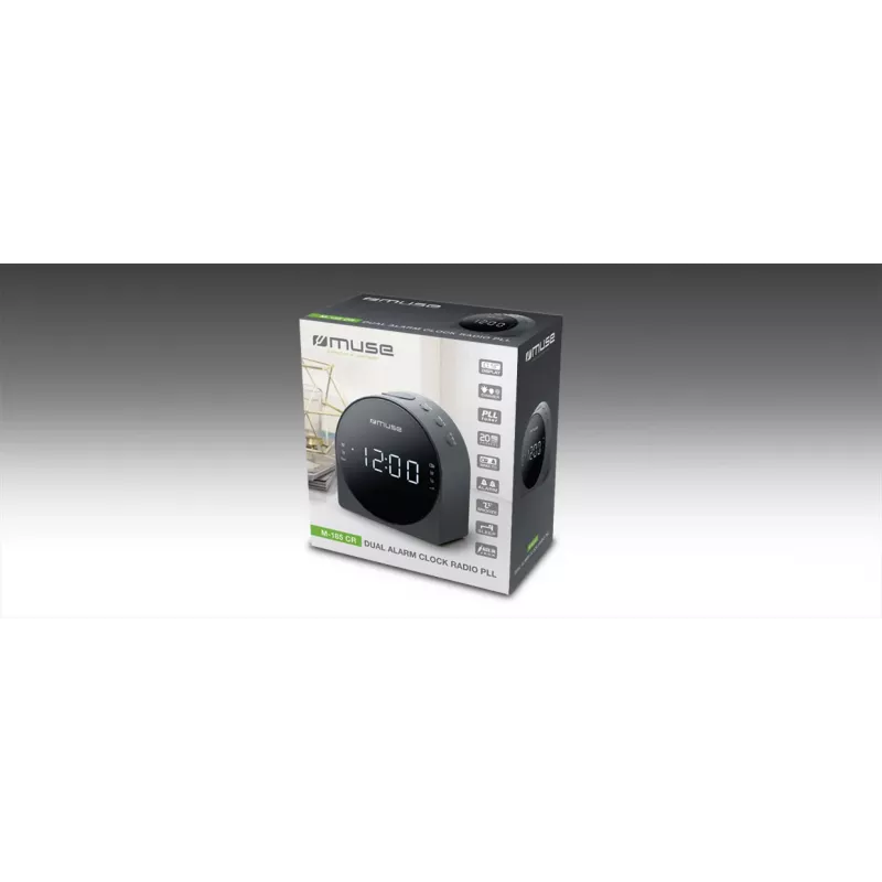 Rádio-despertador Muse M-185 CR — FM/MW, visor LED de 0,9 polegadas, AC 230V com backup por pilha AAA, preto