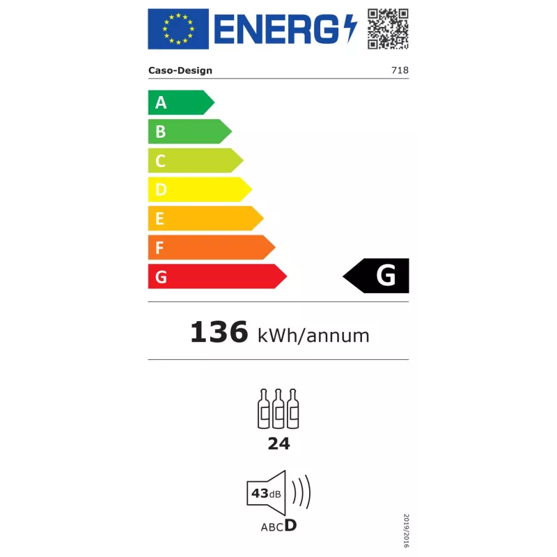 Caso | Garrafeira inteligente | WineExclusive 24 | Classe de eficiência energética G | Vitrina | Capacidade para 24 garrafas | Tecnologia de refrigeração por compressor | Preto