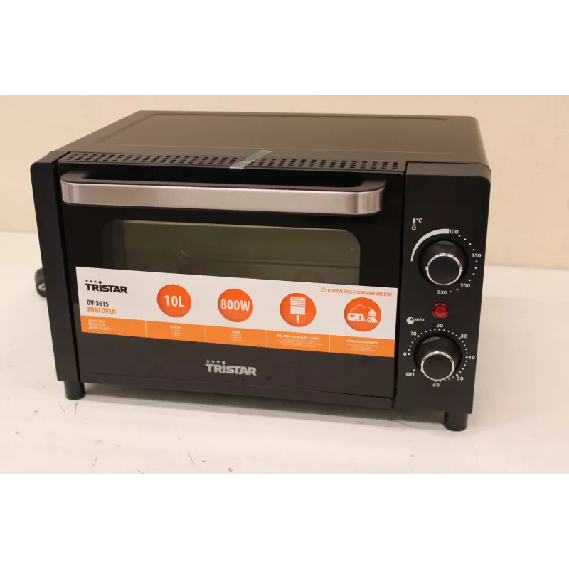LIQUIDAÇÃO. Tristar OV-3615 Mini-forno, Preto | Tristar | Mini-forno | OV-3615 | 10 L | 800 W | Preto | EMBALAGEM DANIFICADA, FENDA IRREGULAR ENTRE O VIDRO E A MOLDURA DA PORTA