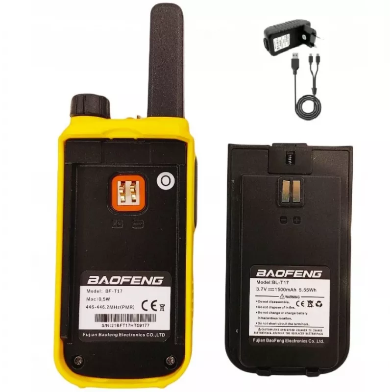 Rádio portátil Baofeng BF-T17 — walkie-talkie para crianças, 16 canais, 5 W, 400–470 MHz, bateria 1500 mAh, amarelo