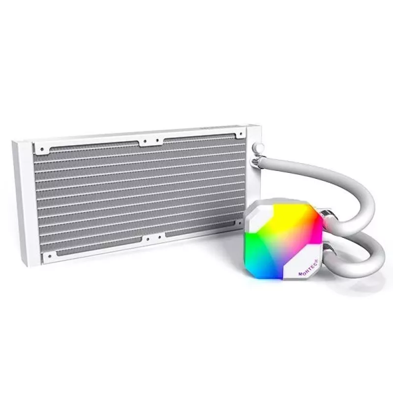 Refrigeração líquida AIO Montech Hyper Flow ARGB 240 mm branco — radiador de 240 mm, iluminação ARGB, acabamento branco