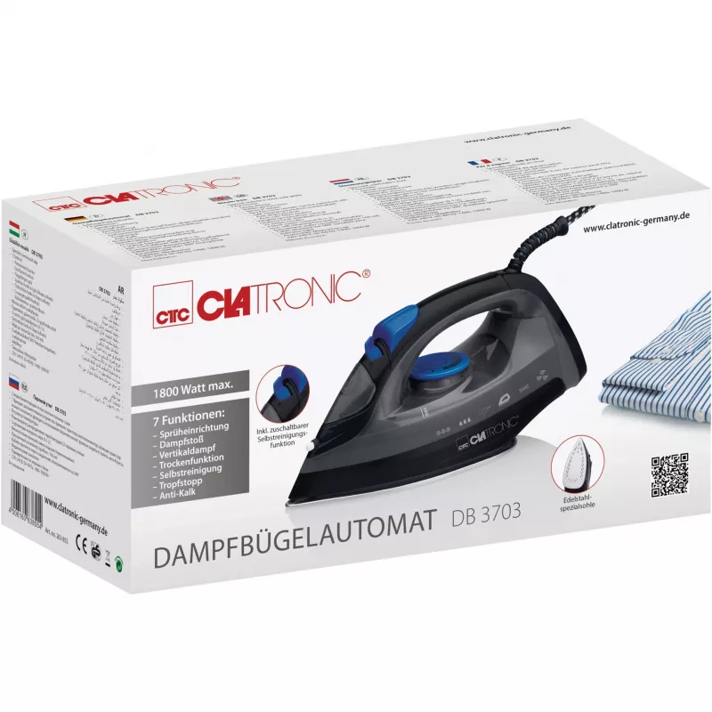 Ferro CLATRONIC DB 3703 — Ferro a seco e a vapor, base em aço inoxidável, 1800 W, preto/cinzento