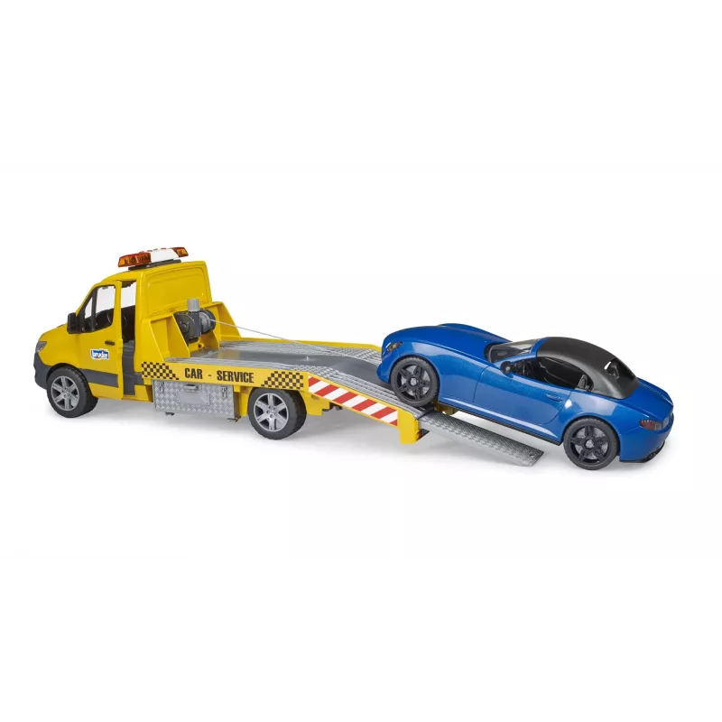Bruder MB Sprinter transportador de carros com módulo de luz e som, laranja/azul, incl. roadster