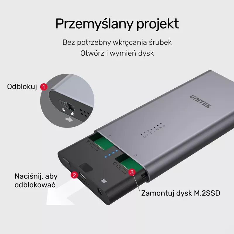 Caixa para SSD Unitek S1206A para 2× unidades M.2 NVMe PCIe Gen3 x4, USB 3.2 Gen 2 (10 Gbit/s), Alumínio, USB-C, inclui fonte de alimentação