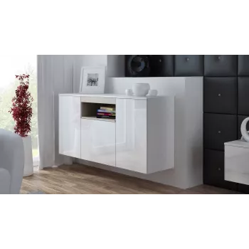 Aparador Cama Meble VIVA 150 — branco/branco alto brilho e carvalho sonoma, 3 portas, 5 prateleiras, 1500×450×800 mm