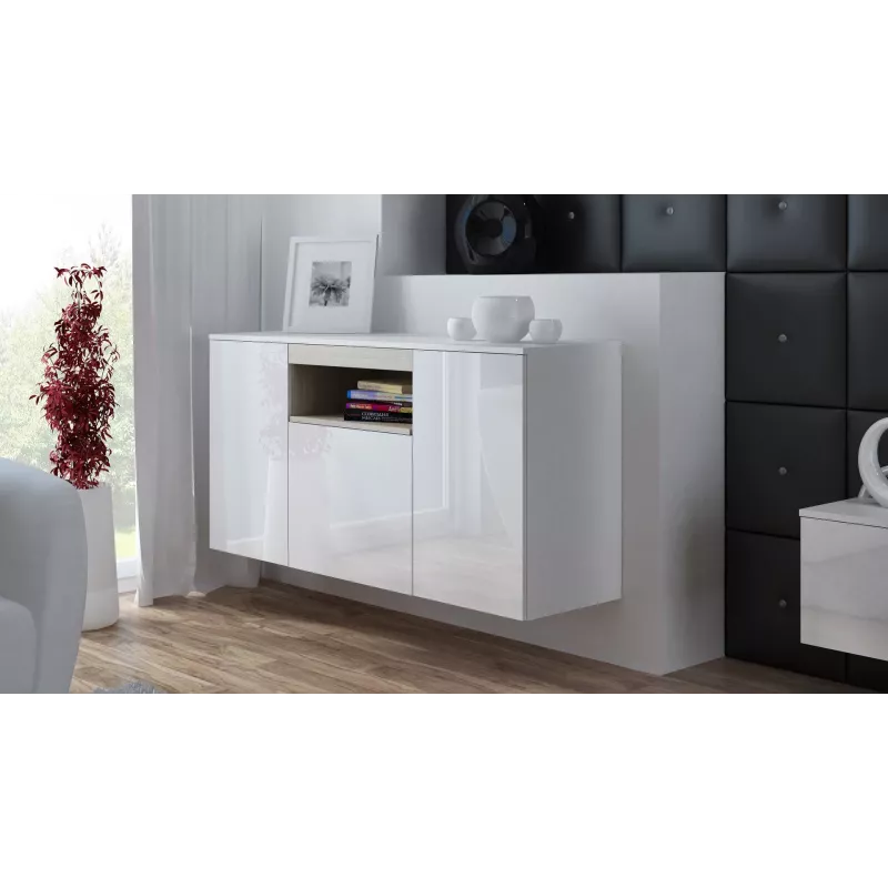 Cama Meble VIVA 150 aparador, branco/branco brilhante + carvalho Sonoma