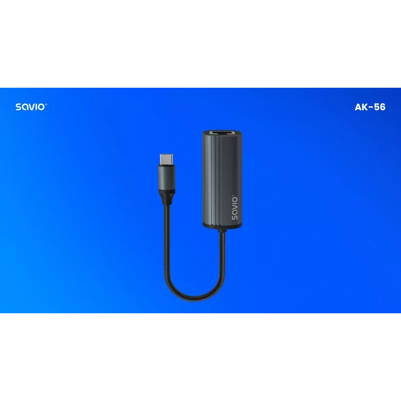 Adaptador SAVIO USB-C 3.1 Gen.1 (M) para RJ-45 Gigabit Ethernet (F), 1000 Mbps, AK-56, cinzento