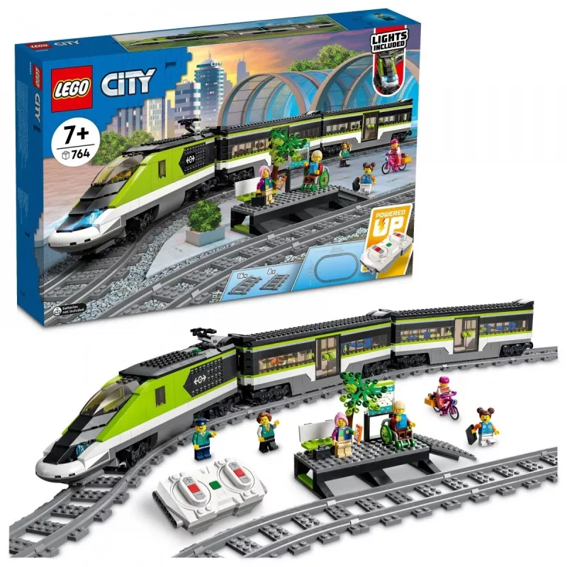 LEGO 60337 City Comboio de passageiros expresso Conjunto brinquedo telecomandado presente para crianças rapazes e raparigas com faróis funcionais 2 vagões e 24 peças de via
