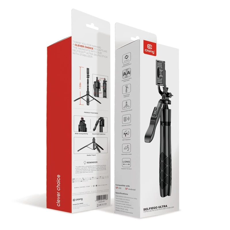 Bastão de selfie com tripé Crong CRGSGU1BLK alumínio Bluetooth com pernas dobráveis e suporte para telemóvel