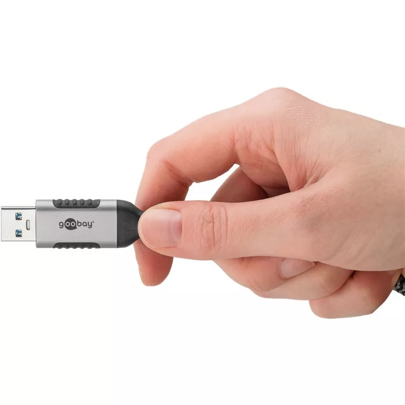 Cabo Ethernet USB-A 3.2 Gen1 macho > RJ-45 macho, adaptador LAN preto/prateado, 1,5 metros, revestimento têxtil entrançado