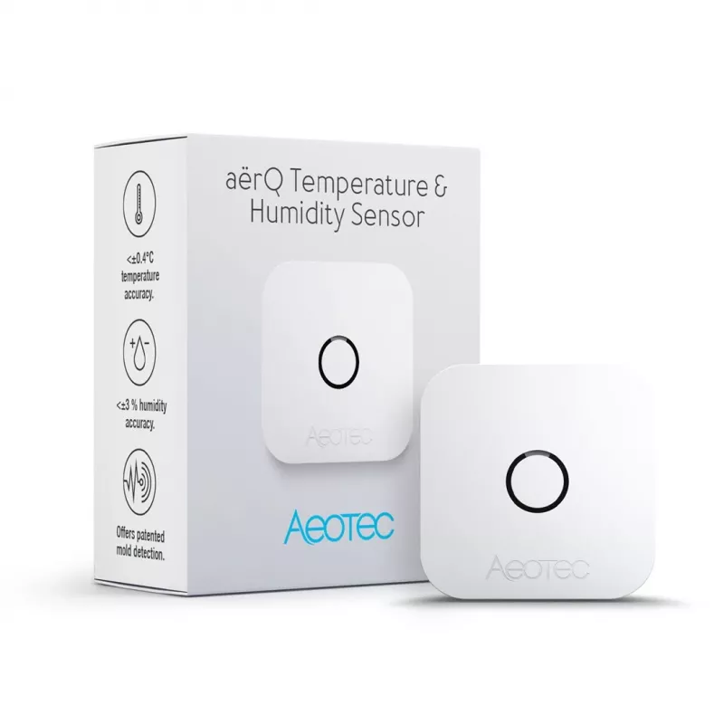 Sensor de temperatura e humidade interior AEOTEC AEOEZWA039 – autónomo, alimentado por pilha, 34×34×17 mm