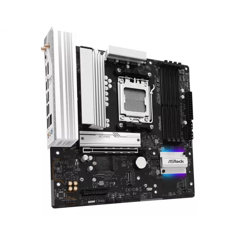 Placa-mãe ASROCK A620AM PRO RS WIFI AM5 microATX, AMD A620, 4×DDR5, Wi‑Fi, HDMI, DP, 3×M.2, 2×SATA, áudio 7.1, LAN 1Gb