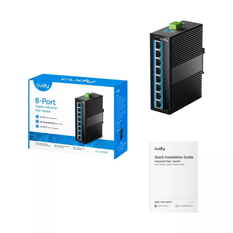 Switch Gigabit Ethernet PoE não gerido Cudy IG1008P — 8× Gigabit (10/100/1000), PoE, 48–57V, 20 Gbit/s, 8000 MAC, para montagem na parede, preto