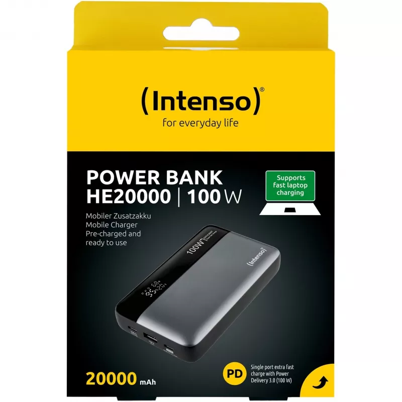 Powerbank INTENSO 7350050 — 20000 mAh, 1× USB-A + 2× USB-C, 100 W de potência total de saída, preto/cinzento