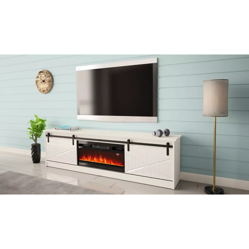 Móvel de TV com lareira elétrica Cama Meble modelo GRANERO RTV GRANERO + KOM B/B, 200 x 56,7 x 35 cm, branco/branco brilhante, 2 portas, 2 prateleiras, MDF/aglomerado