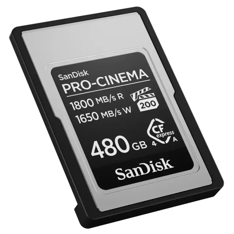 SanDisk PRO-CINEMA cartão CFexpress Type A - 480GB, 480 GB, CFexpress Type A, 1800 MB/s, 1650 MB/s, resistente a gotas, resistente ao pó, à prova de água, preto, Me