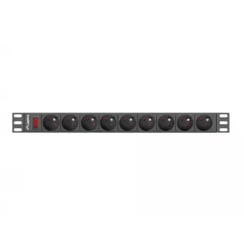 Unidade de distribuição de energia LANBERG PDU-09E-0300-BK — 9x tomadas Type E, 16 A, 220–250 V, cabo de 3 m, rack 1U, 19 polegadas