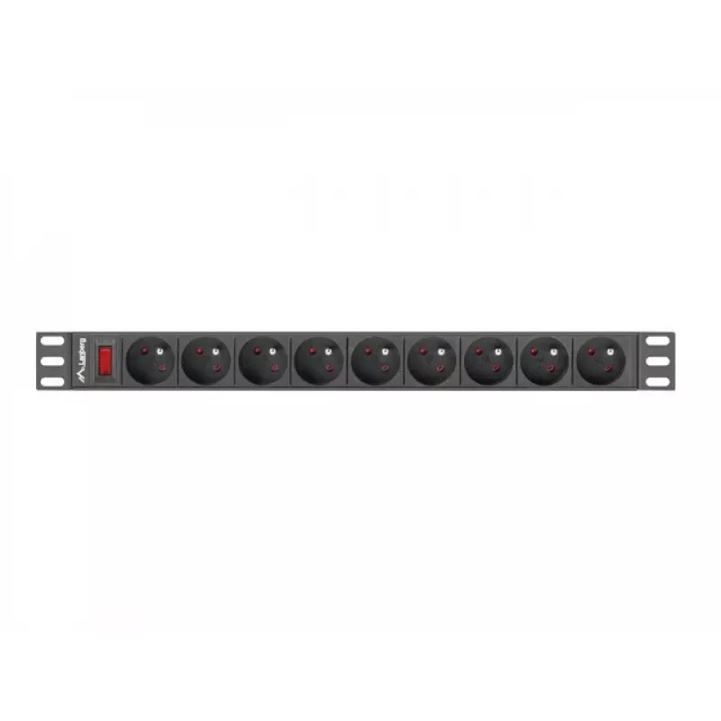 Unidade de distribuição de energia LANBERG PDU-09E-0300-BK — 9x tomadas tipo E, 16 A, 220–250 V, cabo de 3 m, rack 1U, 19 polegadas
