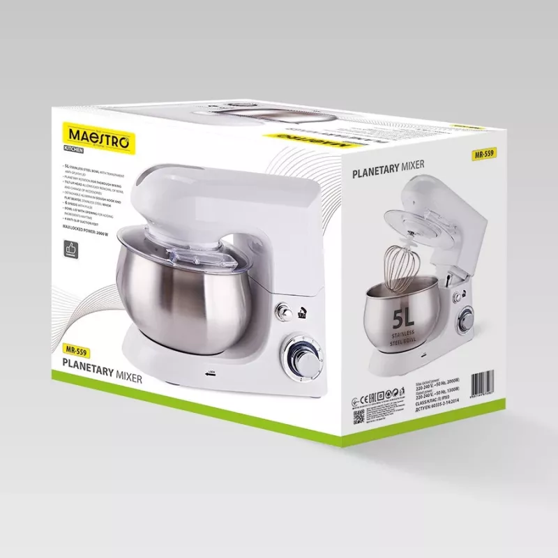 Batedeira planetária Maestro MR-559, copo de aço inoxidável de 5,0 L, 2000 W, 6 velocidades, botão rotativo