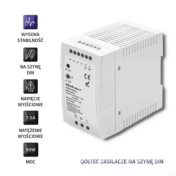 Fonte de alimentação para calha DIN Qoltec 50914 | 90W | 12V | 7,5A | branco | slim