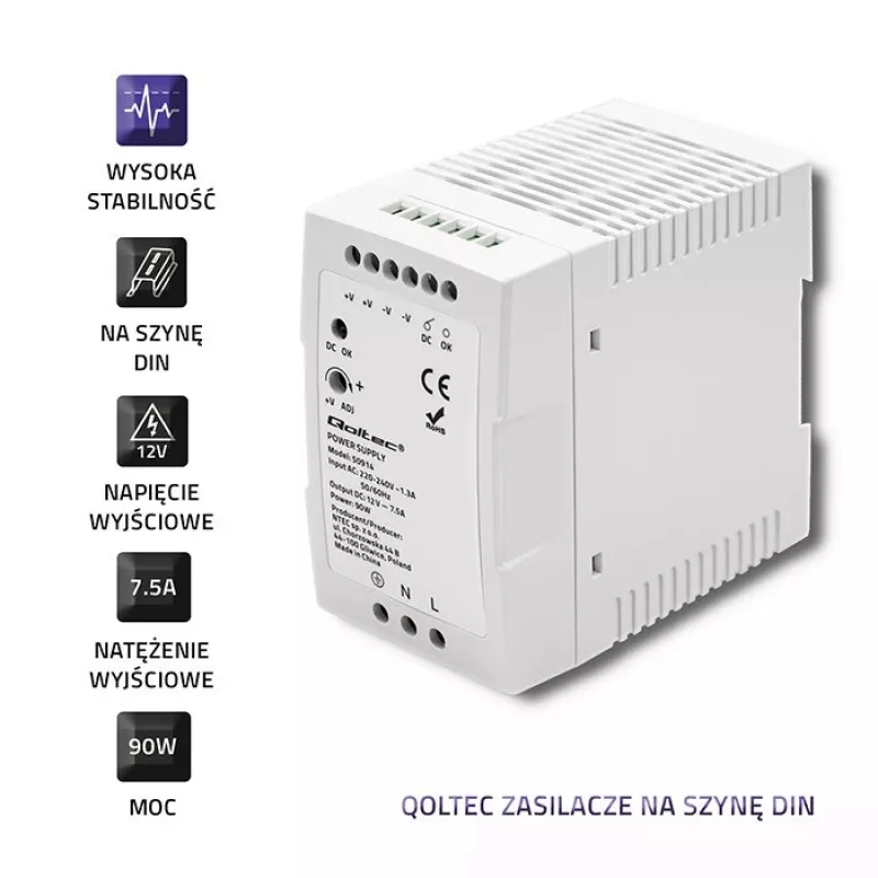 Fonte de alimentação para calha DIN Qoltec 50914 | 90W | 12V | 7,5A | branco | slim
