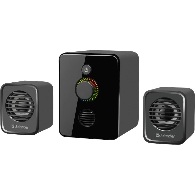 Defender V12 65212 colunas para computador 2.1, 11 W, subwoofer de 5 W, alimentadas por USB, retroiluminação LED, pretas, 115 x 130 x 223 mm