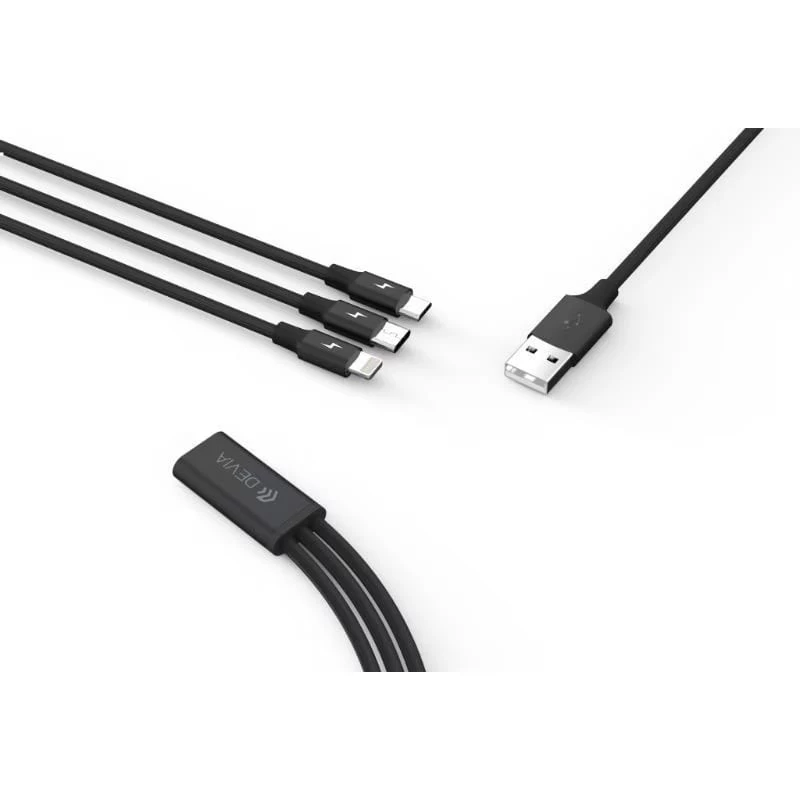 Cabo de carregamento e dados USB 3-em-1 Devia Kintone Series — Lightning, Micro-USB, USB-C, 1,2 m, preto